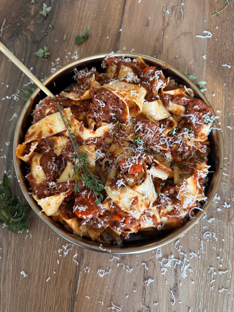 Shredded Beef Ragu with zucchini, carrots and onions.
