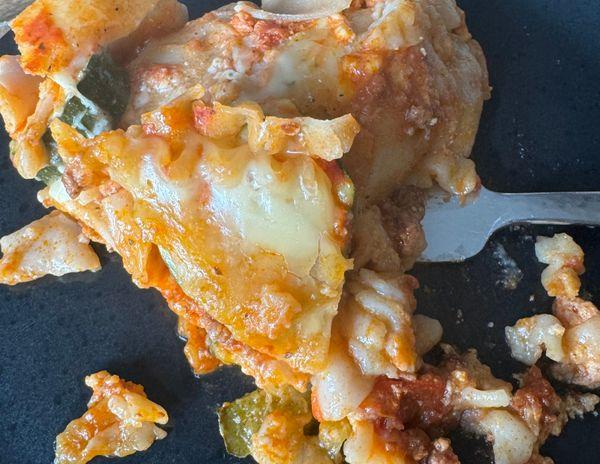 Slow cooker lasagna, ready to serve.