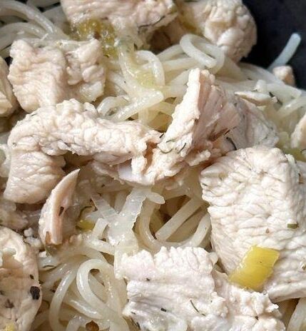 Greek Chicken marinated in herbs and spices and tossed with pasta.