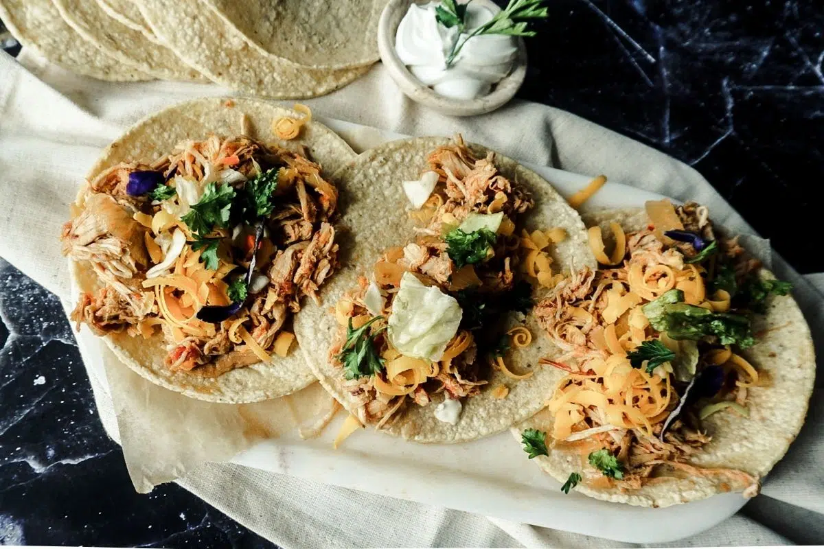 Fire Roasted Chicken on top of 3 tortillas topped with lettuce, cheese and sour cream. A dark blackdrop with tortillas to the top left.