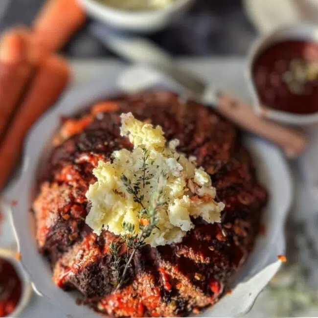 Holiday meatloaf with mashed potatoes in the middle. Carrots are to the top left, ketchup to the top right and a white backdrop.