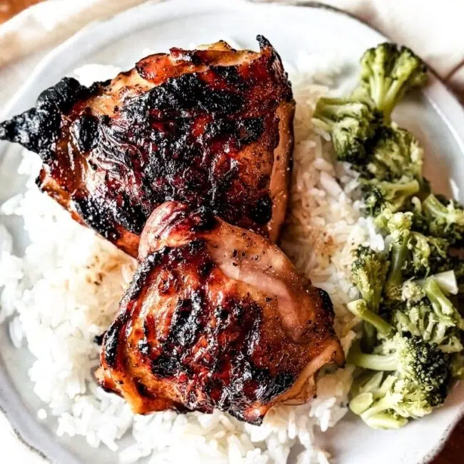2 chicken thighs plated on rice with a side of broccoli. A white scalloped plate is in the backdrop.