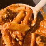 A scoop of high protein meatball pasta