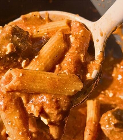 A scoop of high protein meatball pasta